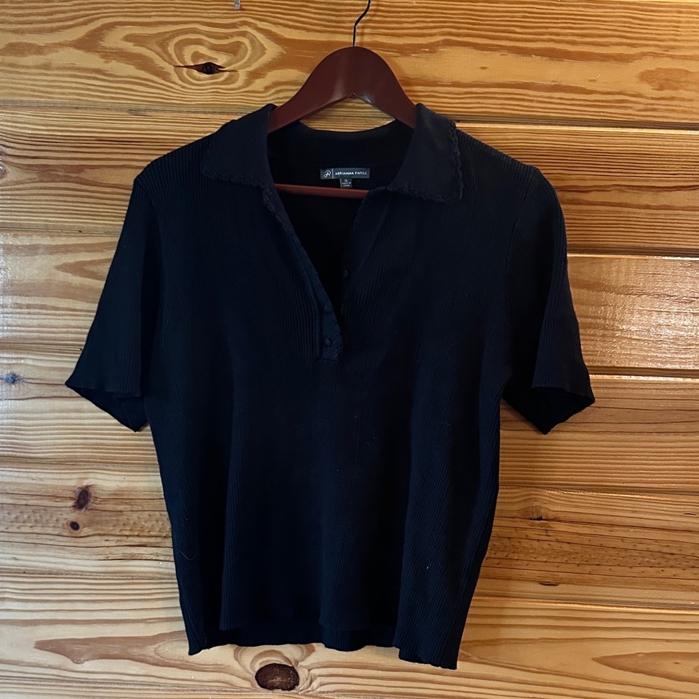 Adrianna Papell Black Ribbed Polo Top